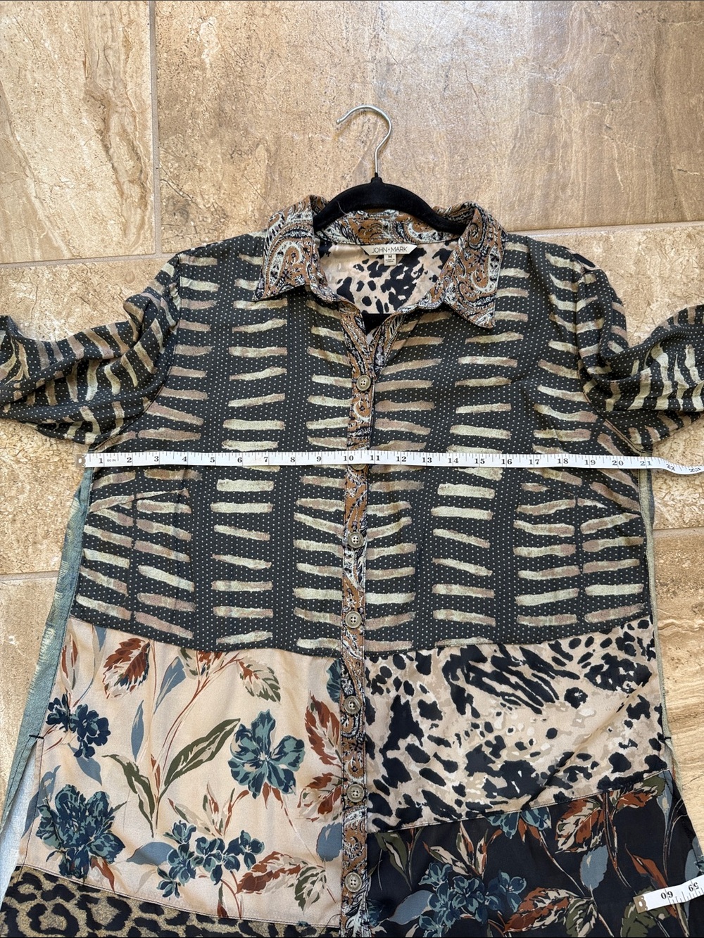 John Mark Black & Cream Mixed-Print Button Front Blouse with Brown Accents - Picture 4 of 6